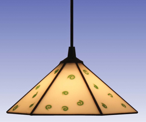 Hanging lamp " Liesel ",stained glass,white with green curls,diameter ca. 23,5 cm,item number 0930,manufactured in our own atelier.Carmen Harusta,Glasinsel ®,Goettingen,Germany.