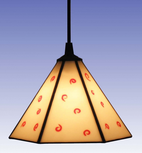 Hanging lamp " Lola ",stained glass,white with red curls,diameter ca. 20 cm,item number 0929,manufactured in our own atelier.Carmen Harusta,Glasinsel ®,Goettingen,Germany.