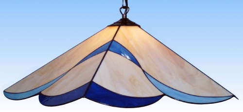 Hanging lamp " Magic Flower ",stained glass,light brown,blue,diameter ca. 61 cm,item number 1017 b,manufactured in our own atelier in Goettingen,Germany.