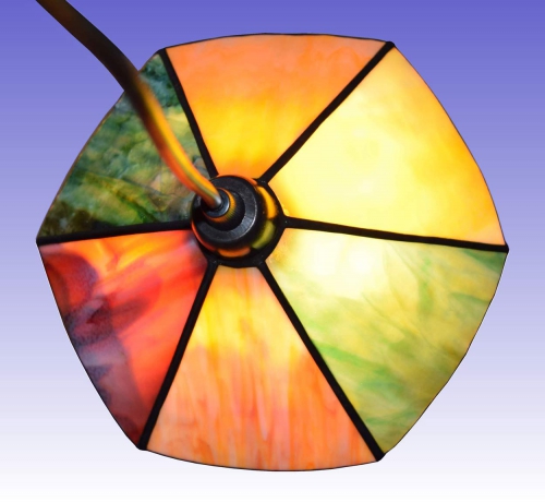 Hanging lamp " Paula ",stained glass,orange,green,yellow,red,white,blue,violet,diameter ca. 22 cm,item number 0901 b,manufactured in our own atelier.Carmen Harusta,Glasinsel ®,Goettingen,Germany.(top view,on)