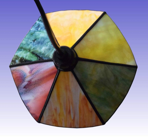 Hanging lamp " Paula ",stained glass,orange,green,yellow,red,white,blue,violet,diameter ca. 22 cm,item number 0901 b,manufactured in our own atelier.Carmen Harusta,Glasinsel ®,Goettingen,Germany.(top view,off)