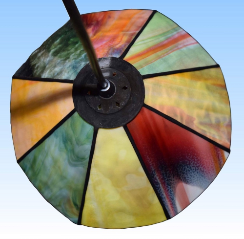 Hanging lamp " Paula ",stained glass,yellow,red,orange,green,white,brown,diameter ca. 26,5 cm,item number 1079,manufactured in our own atelier in Goettingen,Germany,top view,off.