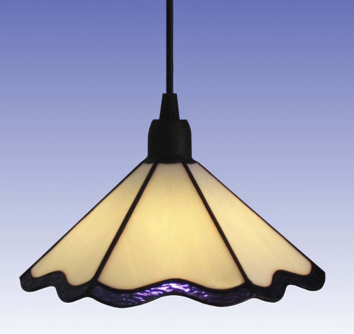 Hanging lamp " Pretty ",stained glass,white,violet waved,diameter ca. 22,5 cm,item number 0904 a,manufactured in our own atelier.Carmen Harusta,Glasinsel ®,Goettingen,Germany.