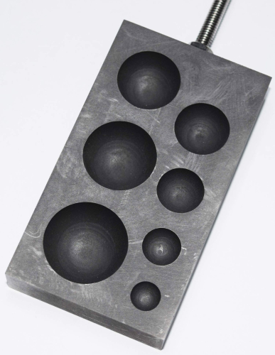 Graphite marble molds,with 7 different trough sizes,Ø ca. 9,12,15,18,20,24,27 mm,with wooden handle,,item number 9121518.