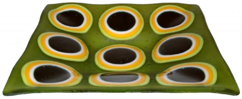 Glass bowl,light green,dark green,white,yellow,ca. 29 x 29 cm,height ca. 5 cm,item number 110011,manufactured in our own studio in Goettingen,Germany.
