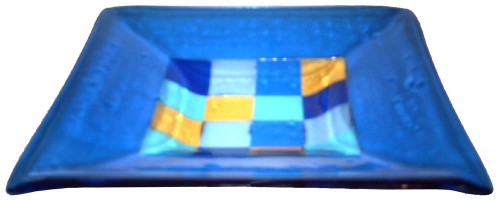 Glass bowl,blue,light blue,dark blue,amber,ca. 29 x 29 cm,height ca. 5 cm,item number 110014,manufactured in our own studio in Goettingen,Germany.