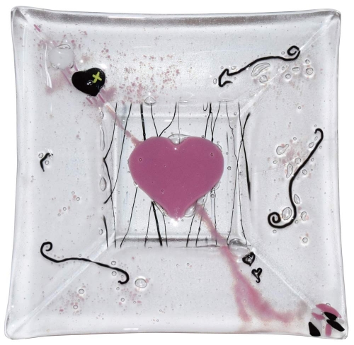 Glass bowl,clear glass,pink,black,white,yellow,light blue,ca. 29 x 29 cm,height ca. 4,5 cm,item number 110028,manufactured in our own atelier in Goettingen,Germany.