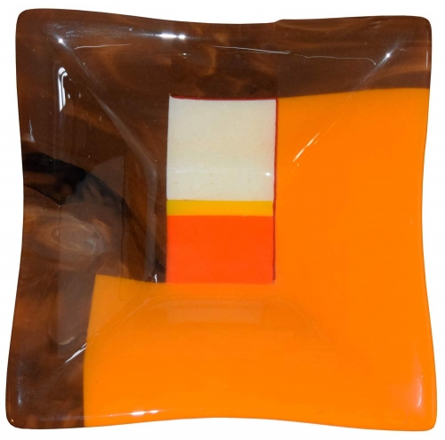 Glass bowl,yellow-orange,brown,dark brown,light brown,ivory,orange,yellow,ca. 30 x 30 cm,height ca. 6 cm,item number 110048,manufactured in our own studio in Goettingen,Germany.