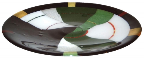 Glass platter,black,white,dark green,green,clear,yellow,amber,red,diameter ca. 37 cm,height ca. 3,5 cm,item number 110901,manufactured in our own studio in Goettingen,Germany.