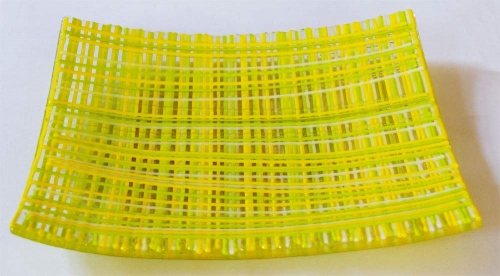 Glass bowl,canary yellow,spring green,white,clear,ca. 20 x 20 cm,height ca. 3 cm,item number 120031,manufactured in our own studio in Goettingen,Germany (image 1).