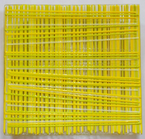 Glass bowl,canary yellow,spring green,white,clear,ca. 20 x 20 cm,height ca. 3 cm,item number 120031,manufactured in our own studio in Goettingen,Germany (image 2).