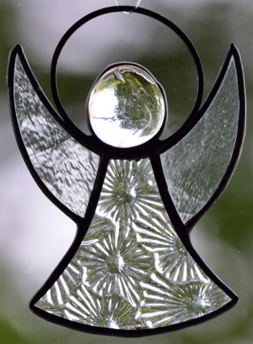 Guardian Angel,stained glass;dress: floral structure,clear;wings: antique glass,clear;head: glass nugget,clear,size ca. 7 x 5 cm,manufactured in our own atelier,item number 30060G.Carmen Harusta,Glasinsel ®,Goettingen,Germany.