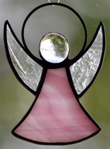 Guardian Angel,stained glass;dress: pink,white,opalescent;wings: glue chip glass,clear;head: glass nugget,clear,size ca. 7 x 5 cm,manufactured in our own atelier,item number 30060H.Carmen Harusta,Glasinsel ®,Goettingen,Germany.