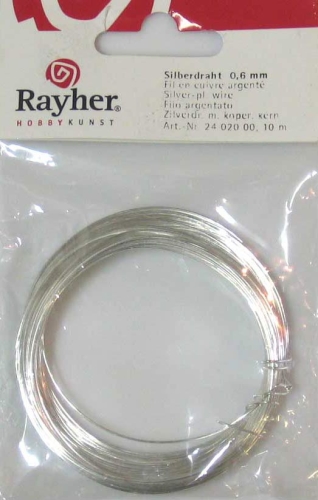 Silver wire with copper core,Rayher,diameter ca. 0,6 mm,length ca. 10 m,item nmber 9210200.