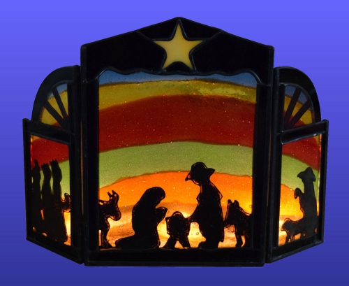 Standing three-piece crib,size ca. 24 x 19 x 6 cm,glass fusing,tiffany technique,,with 3 tea lights,item number 30080,manufactured in our own atelier.Carmen Harusta,Glasinsel ®,Goettingen,Germany.(image with tea lights)