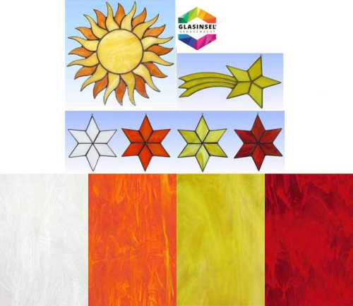 Tiffany-Glaskunst-Set mit Fensterbilder-Vorlagen " Sonne "," Sternschnuppe "," Stern ",Artikelnummer 2000036.