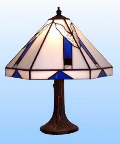 Table lamp " Black Magic ",stained glass,white,blue,black,clear granite,height ca. 31 cm,diameter ca. 26,5 cm,item number 2051.