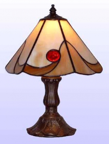 Table lamp " Diamond ",stained glass,amber,brown,red faceted jewels,height ca. 26 cm,diameter ca. 20 cm,item number 2073,manufactured in our own atelier in Goettingen,Germany.