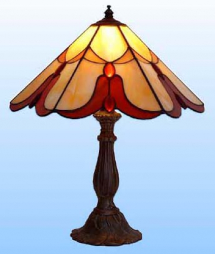 Table lamp " Facette ",stained glass,light orange,red,red faceted jewels,height ca. 35 cm,diameter ca. 29 cm,item number 2037 b.