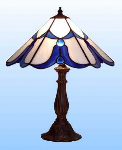 Table lamp " Facette ",stained glass,white,blue,with blue glass drops,height ca. 35 cm,diameter ca. 29 cm,item number 2037 bx.