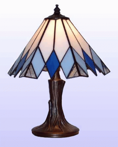 Table lamp " Raute ",stained glass,white,blue,clear,with stringer,height ca. 26 cm,diameter 20 cm,item number 2012,manufactured in our own atelier in Goettingen,Germany.