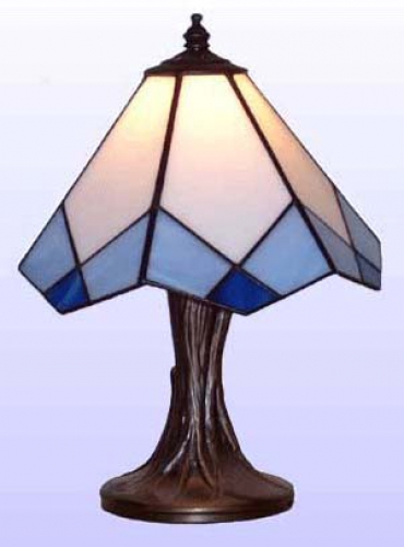 Table lamp " Trapez ",stained glass,white,light blue,blue,height ca. 26 cm,diameter ca. 20 cm,item number 2008,manufactured in our own atelier in Goettingen,Germany.