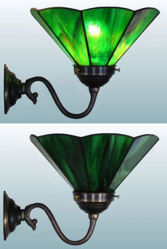 Wall lamp,wall washer with antique wall bracket and with stained glass lampshade,diameter ca. 21 cm,dark green,green,light green,red-brown,opalescent,item number 70028003 a,manufactured in our own atelier.Carmen Harusta,Glasinsel ®,Goettingen,Germany.