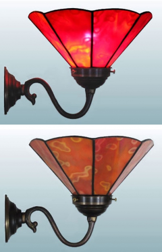 Wall lamp,wall washer with antique wall bracket and with stained glass lampshade,diameter ca. 21 cm,red,orange,yellow,opalescent,item number 70028003 d,,manufactured in our own atelier.Carmen Harusta,Glasinsel ®,Goettingen,Germany.