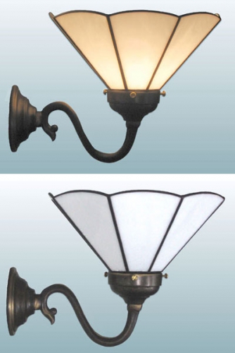 Wall lamp,wall washer with antique wall bracket and with stained glass lampshade,diameter ca. 21 cm,white,opalescent,item number 70028003 e,manufactured in our own atelier.Carmen Harusta,Glasinsel ®,Goettingen,Germany.