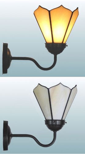 Wall lamp,wall washer with brown wall bracket and with stained glass lampshade,diameter ca. 14,5 cm,beige,ivory,opalescent,item number 70048002 a.,manufactured in our own atelier.Carmen Harusta,Glasinsel ®,Goettingen,Germany.