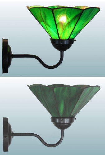 Wall lamp,wall washer with brown wall bracket and with stained glass lampshade,diameter ca. 21 cm,dark green,green,light green,red-brown,opalescent,item number 70048003 a,manufactured in our own atelier.Carmen Harusta,Glasinsel ®,Goettingen,Germany.