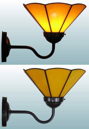 Wall lamp,wall washer with brown wall bracket and with stained glass lampshade,diameter ca. 21 cm,sunflower yellow,opalescent,item number 70048003 b,manufactured in our own atelier.Carmen Harusta,Glasinsel ®,Goettingen,Germany.