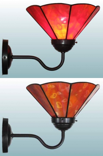 Wall lamp,wall washer with brown wall bracket and with stained glass lampshade,diameter ca. 21 cm,red,orange,yellow,opalescent,mottled,item number 70048003 d,manufactured in our own atelier.Carmen Harusta,Glasinsel ®,Goettingen,Germany.