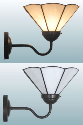 Wall lamp,wall washer with brown wall bracket and with stained glass lampshade,diameter ca. 21 cm,white,opalescent,item number 70048003 e,manufactured in our own atelier.Carmen Harusta,Glasinsel ®,Goettingen,Germany.