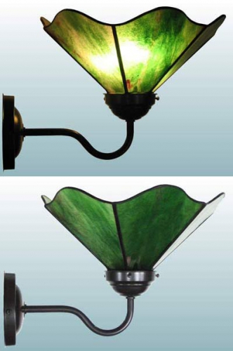 Wall lamp,wall washer with brown wall bracket and with stained glass lampshade,diameter ca. 24 cm,light green,green,pink,semitransparent,item number 70048004 a,manufactured in our own atelier.Carmen Harusta,Glasinsel ®,Goettingen,Germany.