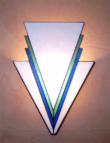 Wall lamp " Art Deco ",stained glass,white,green,blue,width ca. 26 cm,height ca. 34 cm,item number 3029,manufactured in our own atelier.Carmen Harusta,Glasinsel ®,Goettingen,Germany.
