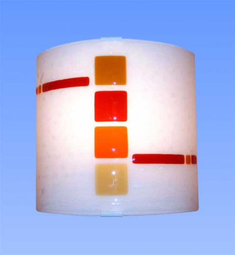 Wall lamp " Red Squares ",glass fusing,white,red,amber,brown,ca. 25 x 25 x 9,5 cm,item number 130002,manufactured in our own atelier.Carmen Harusta,Glasinsel ®,Goettingen,Germany.(on)