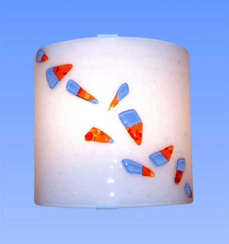 Wall lamp " Splitter ",glass fusing,white,blue,red,ca. 25 x 25 x 9,5 cm,item number 130004,manufactured in our own atelier.Carmen Harusta,Glasinsel ®,Goettingen,Germany.(on)