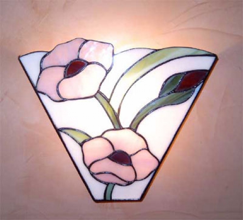 Wall lamp " Blümchen ",stained glass,white,green,pink,violet,width ca. 28 cm,height ca. 23 cm,item number 3021 b,manufactured in our own atelier.Carmen Harusta,Glasinsel ®,Goettingen,Germany.