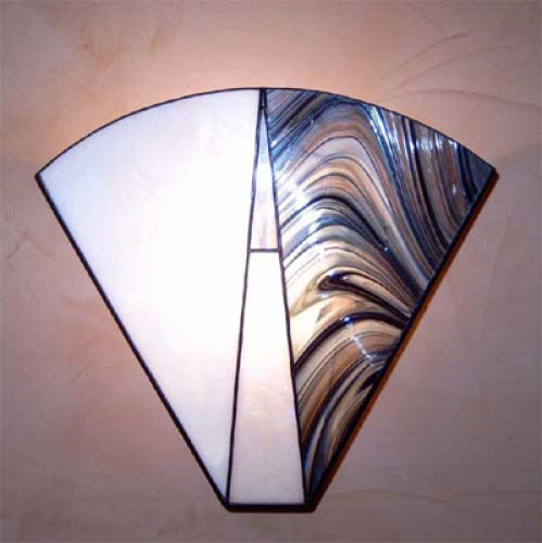 Wall lamp " Filter ",stained glass,white,baroque black on white,width ca. 29 cm,height ca. 26,5 cm,item number 3004,manufactured in our own atelier.Carmen Harusta,Glasinsel ®,Goettingen,Germany.