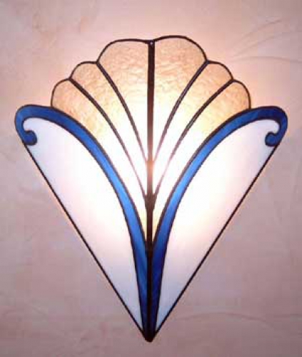 Wall lamp " Flashy ",stained glass,white,blue,clear texture granite,width ca. 29 cm,height ca. 33 cm,item number 3026,manufactured in our own atelier.Carmen Harusta,Glasinsel ®,Goettingen,Germany.