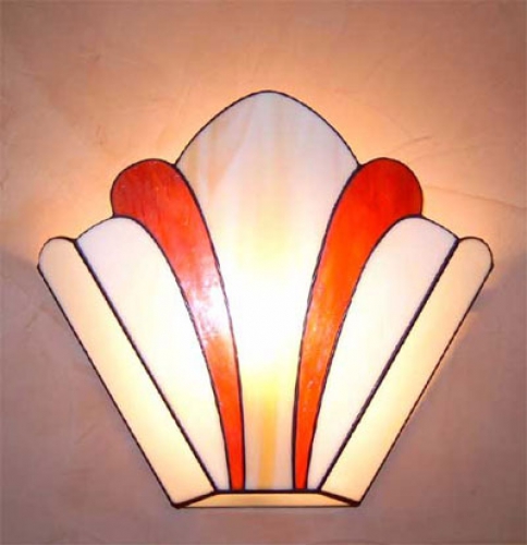 Wall lamp " Heidi ",stained glass,amber,beige,red,width ca. 36 cm,height ca. 31 cm,item number 3045,manufactured in our own atelier.Carmen Harusta,Glasinsel ®,Goettingen,Germany.