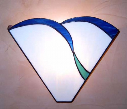 Wall lamp " Magic Flower ",stained glass,white,green,blue,width ca. 31 cm,height ca. 25 cm,item number 3018,manufactured in our own atelier.Carmen Harusta,Glasinsel ®,Goettingen,Germany.