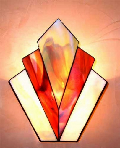 Wall lamp " Ricky ",stained glass,white,green,red,violet,yellow,amber,width ca. 25 cm,height ca. 35 cm,item number 3034 b,manufactured in our own atelier.Carmen Harusta,Glasinsel ®,Goettingen,Germany.