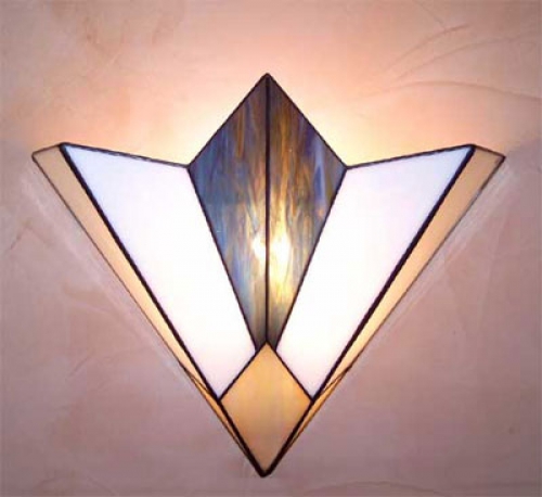 Wall lamp " Space ",stained glass,white,amber iridescent,blue iridescent,width ca. 33 cm,height ca. 29 cm,item number 3038.,manufactured in our own atelier.Carmen Harusta,Glasinsel ®,Goettingen,Germany.