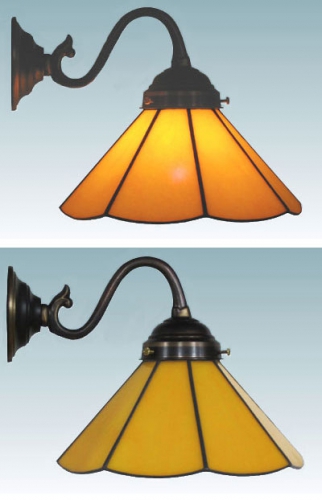 Wall lamp,antique wall bracket,socket E14,max. 60 Watt,shade diameter ca. 21 cm,stained glass,sunflower yellow,opalescent,item number 70018003 b,manufactured in our own atelier.Carmen Harusta,Glasinsel ®,Goettingen,Germany.