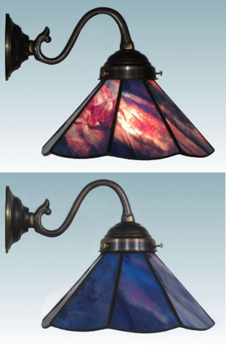 Wall lamp,antique wall bracket,socket E14,max. 60 Watt,shade diameter ca. 21 cm,stained glass,blue,violet,opalescent,item number 70018003 c,manufactured in our own atelier.Carmen Harusta,Glasinsel ®,Goettingen,Germany.