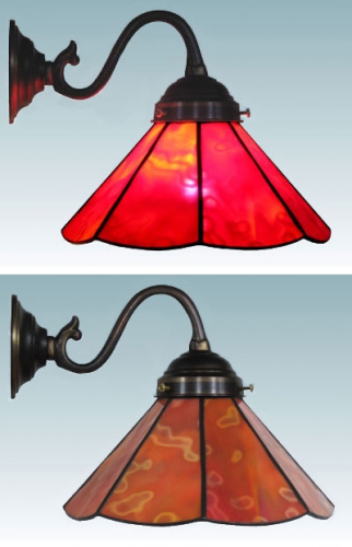 Wall lamp,antique wall bracket,socket E14,max. 60 Watt,shade diameter ca. 21 cm,stained glass,red,orange,opalescent,mottled,item number 70018003 d,manufactured in our own atelier.Carmen Harusta,Glasinsel ®,Goettingen,Germany.
