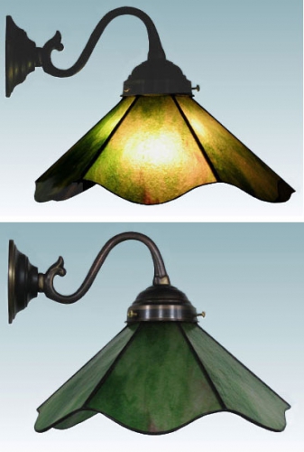Wall lamp,antique wall bracket,socket E14,max. 60 Watt,shade diameter ca. 24 cm,stained glass,light green,semitransparent,item number 70018004 a,manufactured in our own atelier.Carmen Harusta,Glasinsel ®,Goettingen,Germany.