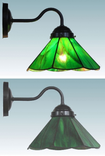 Wall lamp,brown wall bracket,socket E14,max. 60 Watt,shade diameter ca. 21 cm,stained glass,green,opalescent,item number 70038003 a,manufactured in our own atelier.Carmen Harusta,Glasinsel ®,Goettingen,Germany.